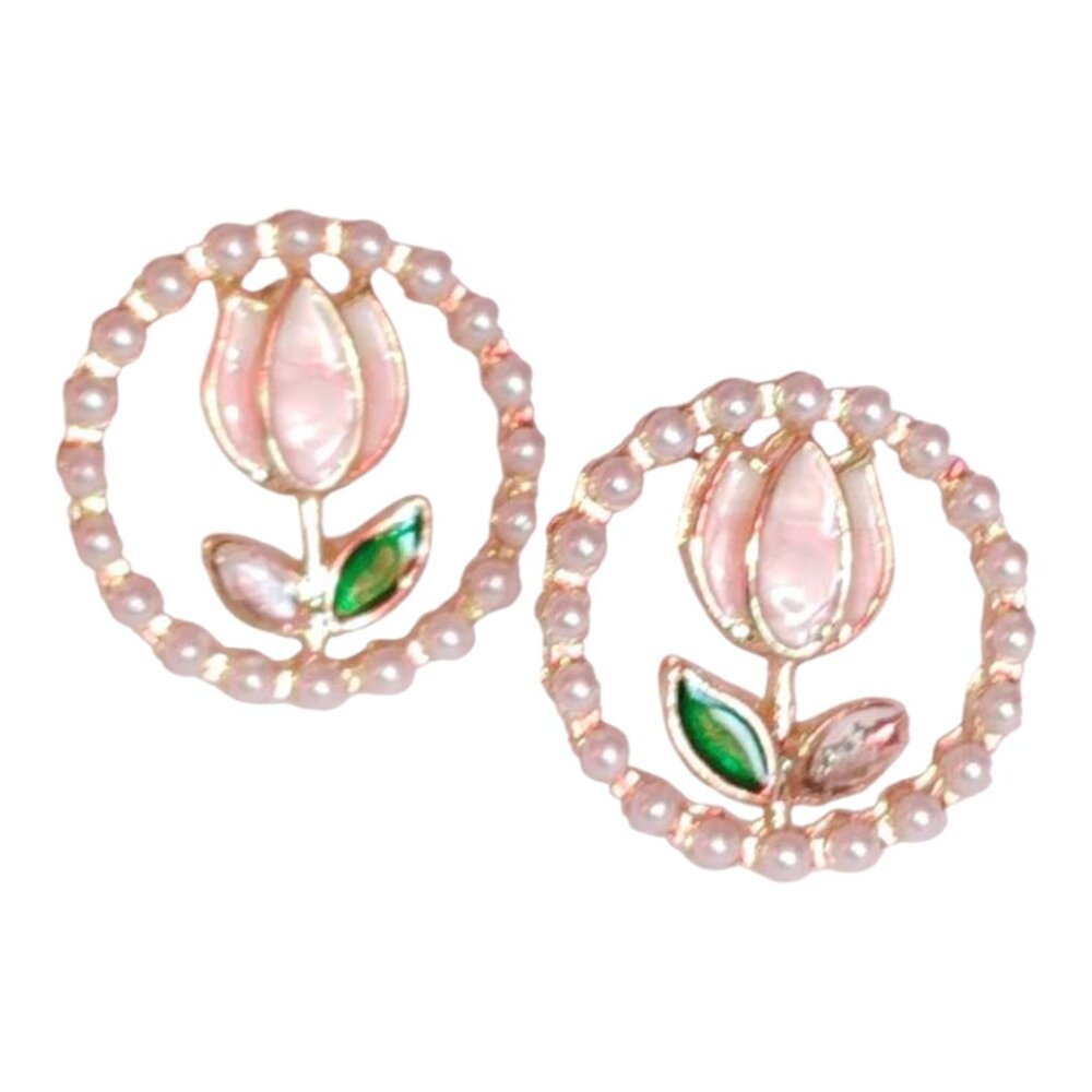 NWT Floral Pearl Earrings with Pink and Green Accents